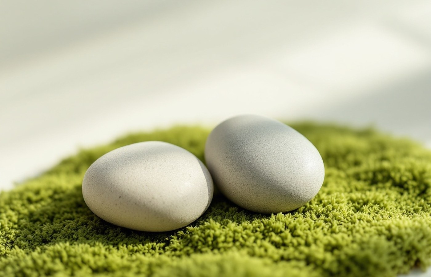 Two stones resting together on moss