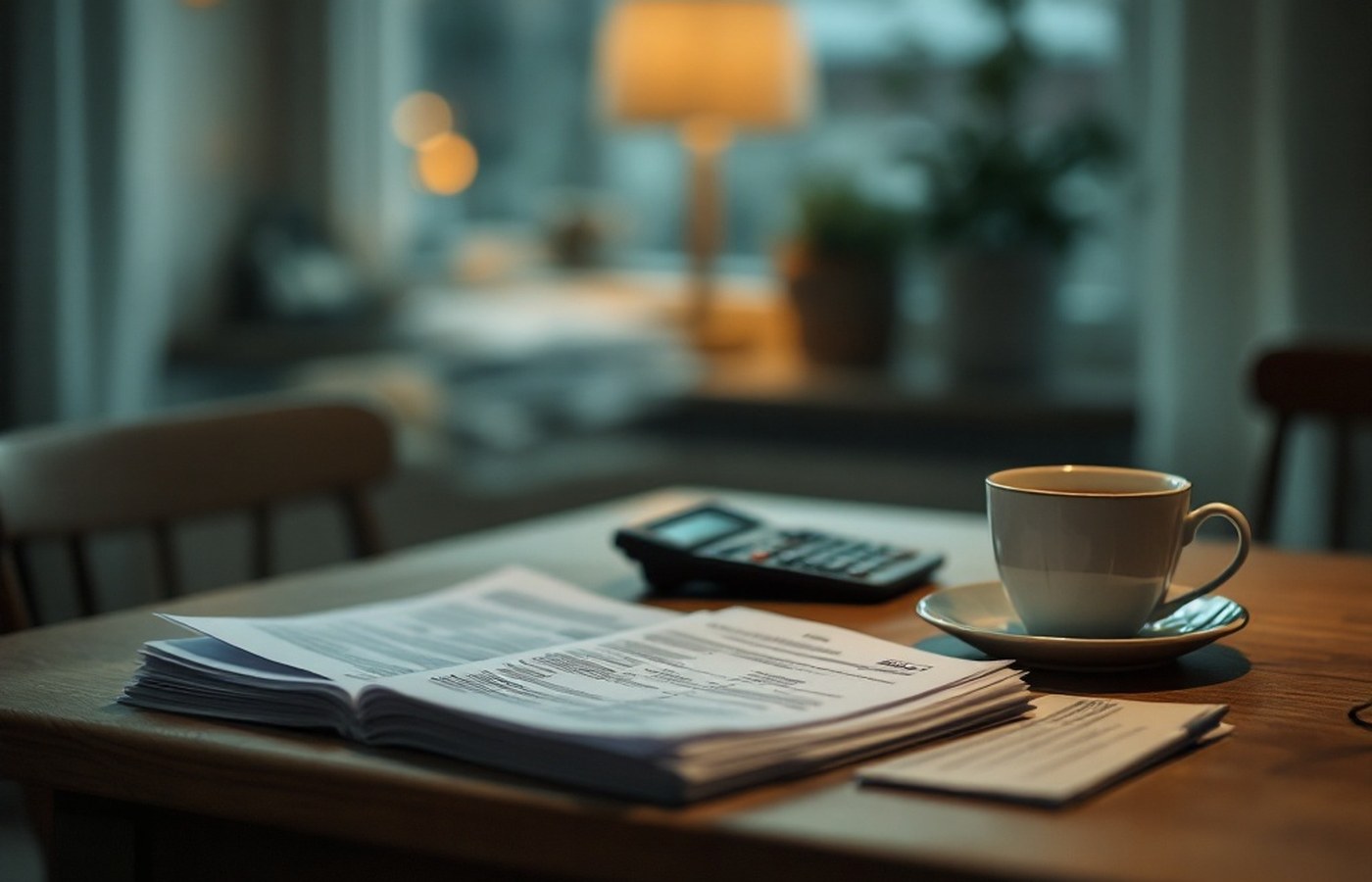 A kitchen table with bills, a calculator and a cup of tea