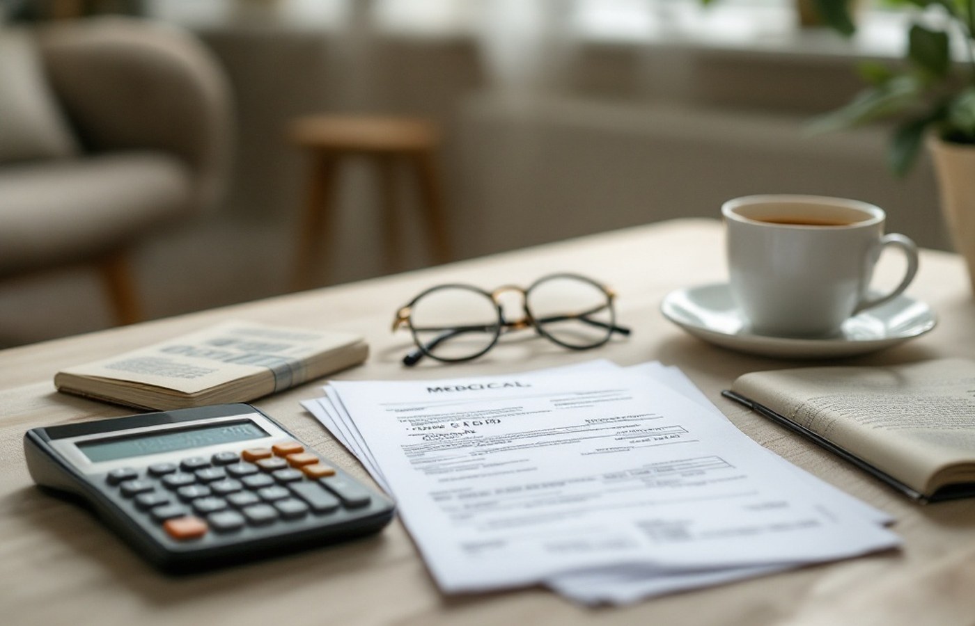 A kitchen table with bills and a calculator